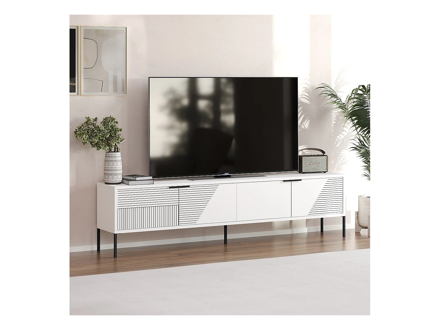 Mobile TV su piedi con 2 porte ribaltabili striate L180 cm - DORE