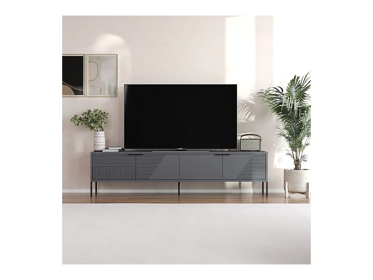 Mueble de TV con patas, 2 puertas abatibles estriadas, L180 cm - DORE