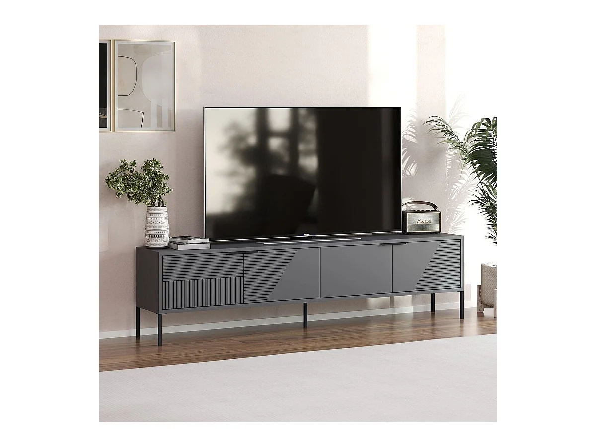 Mueble de TV con patas, 2 puertas abatibles estriadas, L180 cm - DORE