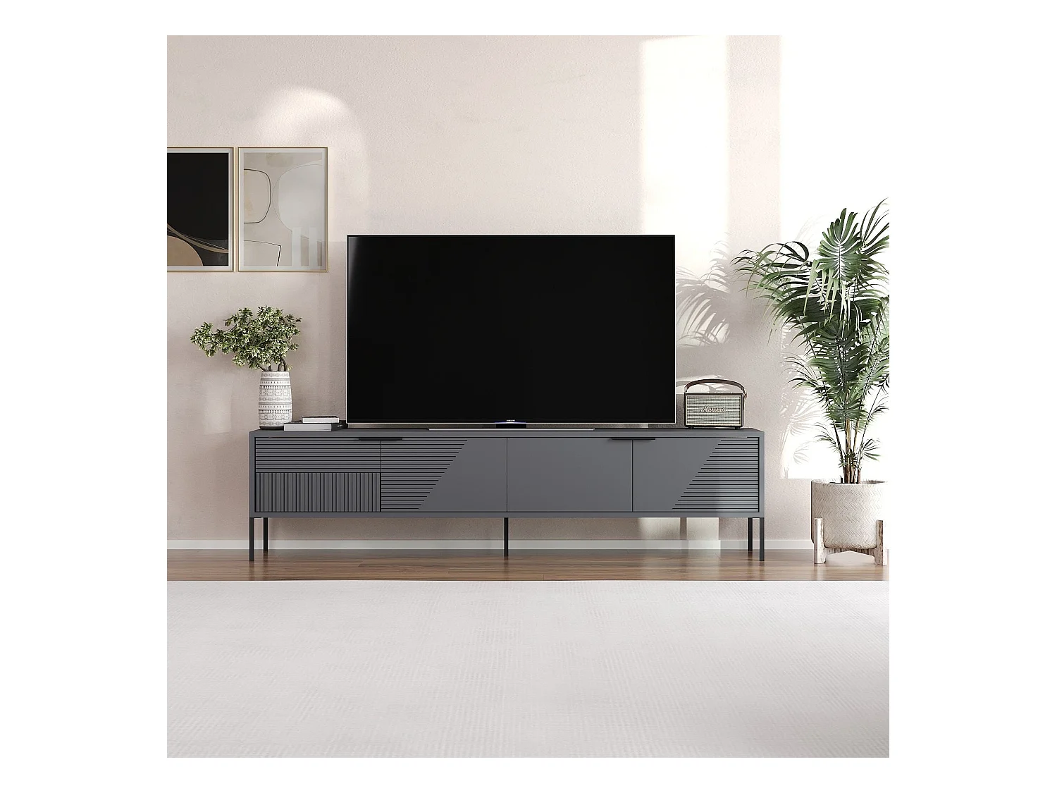 Mueble de TV con patas, 2 puertas abatibles estriadas, L180 cm - DORE