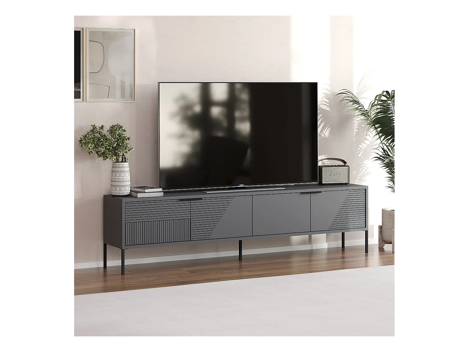 Mueble de TV con patas, 2 puertas abatibles estriadas, L180 cm - DORE