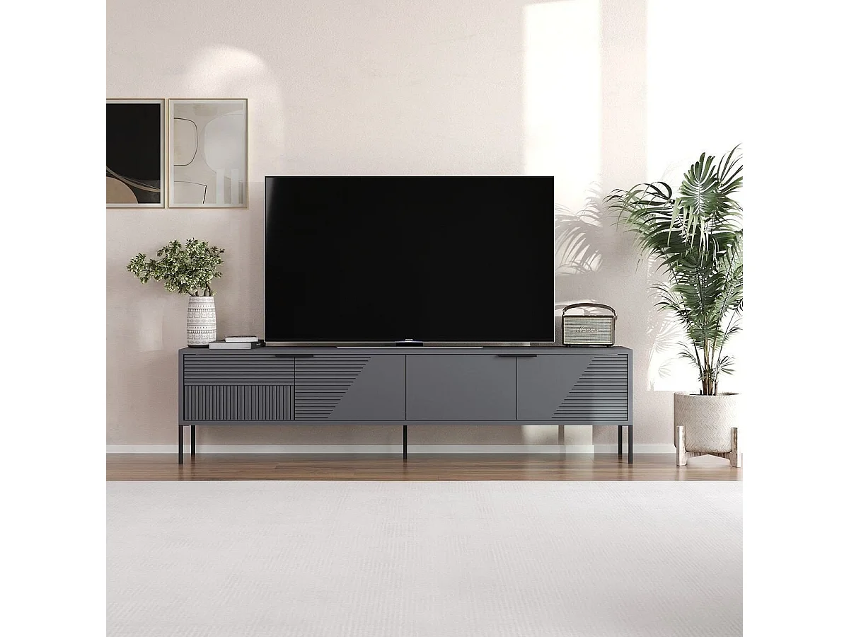 Meuble TV sur pieds 2 portes rabattables striées L180 cm - DORE