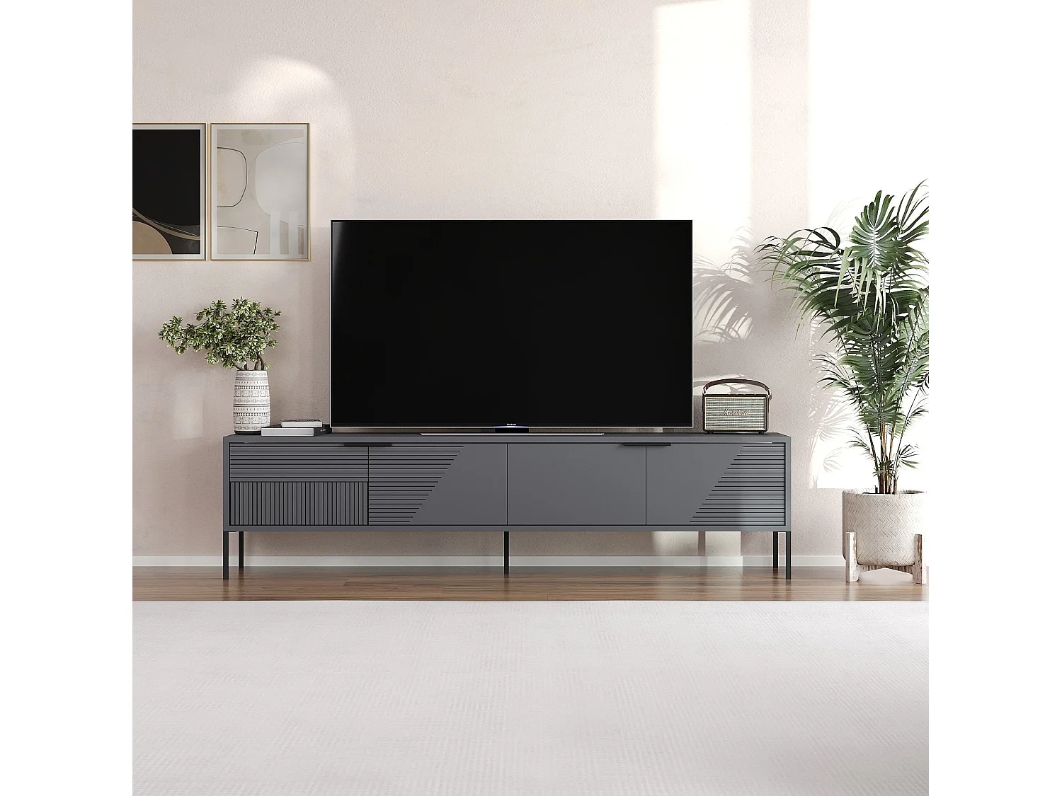 Meuble TV sur pieds 2 portes rabattables striées L180 cm - DORE