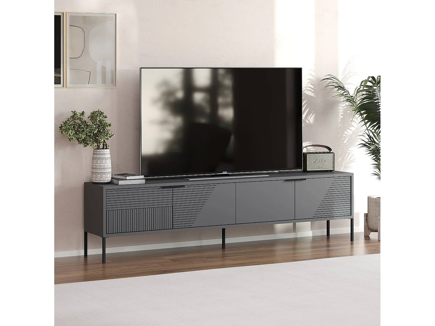 Meuble TV sur pieds 2 portes rabattables striées L180 cm - DORE