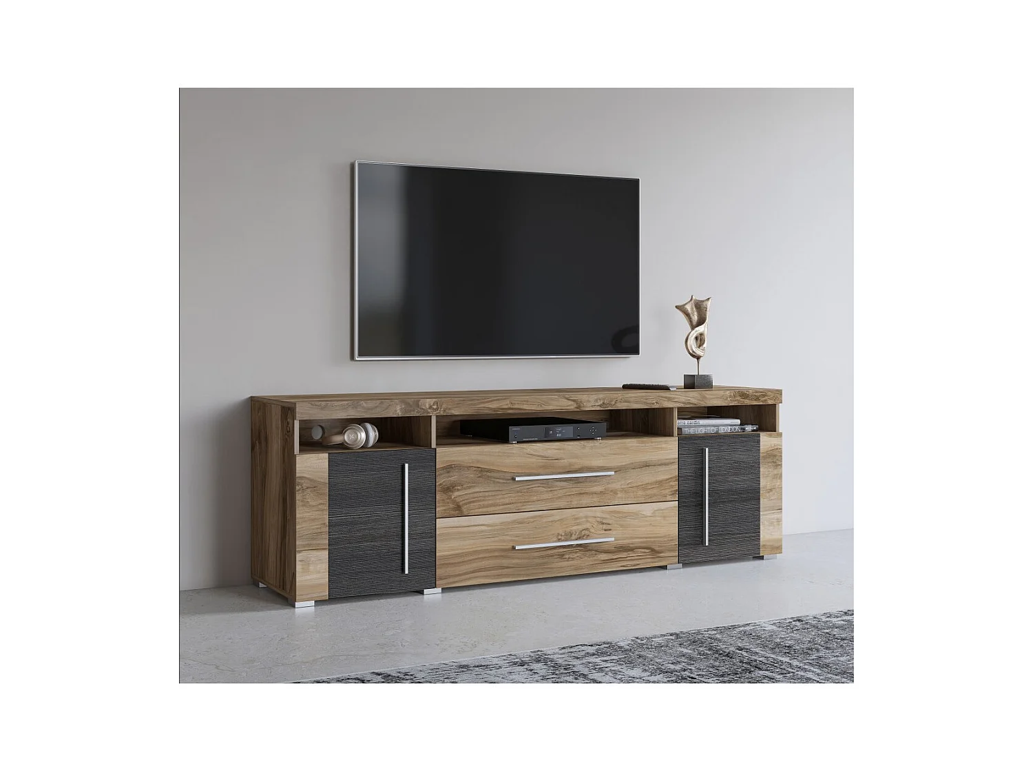 Mueble TV BRAZZA 182 cm – 2 puertas, 2 cajones – Nogal satinado y nichos visibles