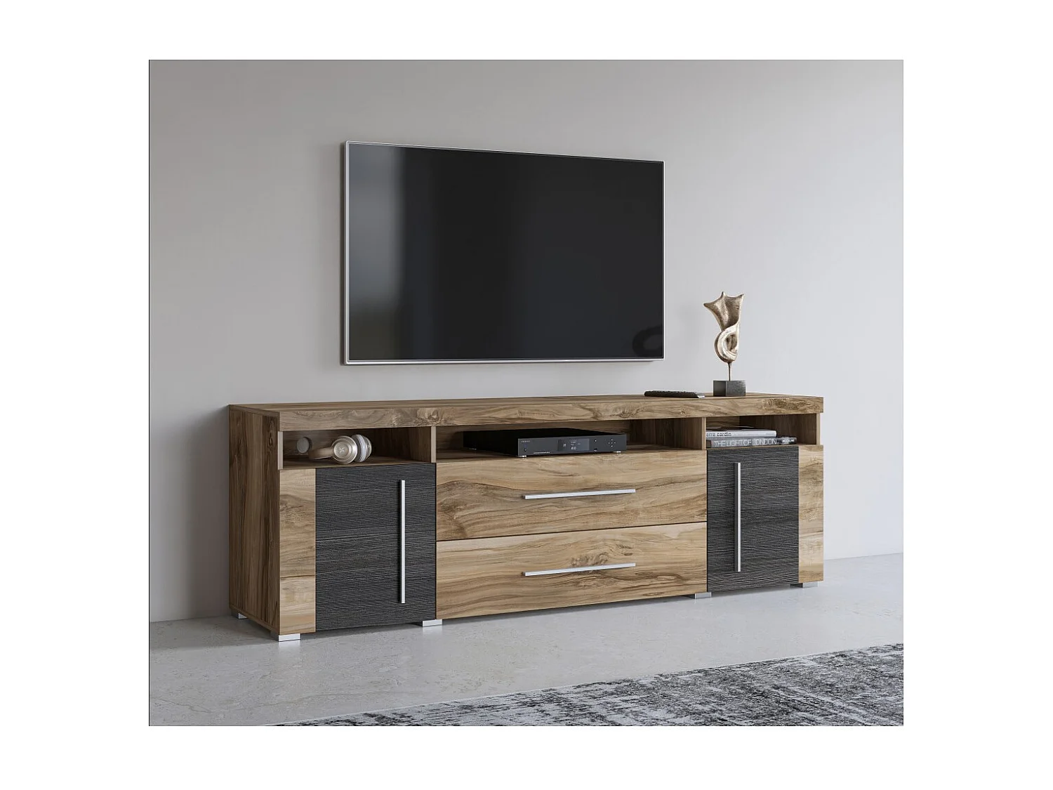 Mueble TV BRAZZA 182 cm – 2 puertas, 2 cajones – Nogal satinado y nichos visibles
