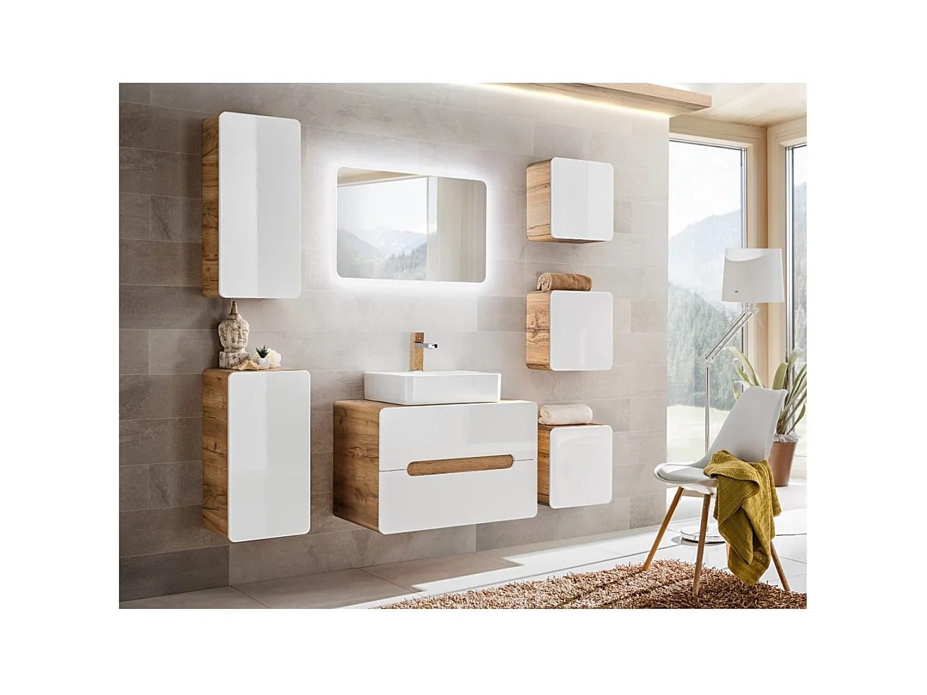 Mueble de baño ERBANO – Roble claro y blanco brillante – 35x75 cm – 1 puerta – Para colgar