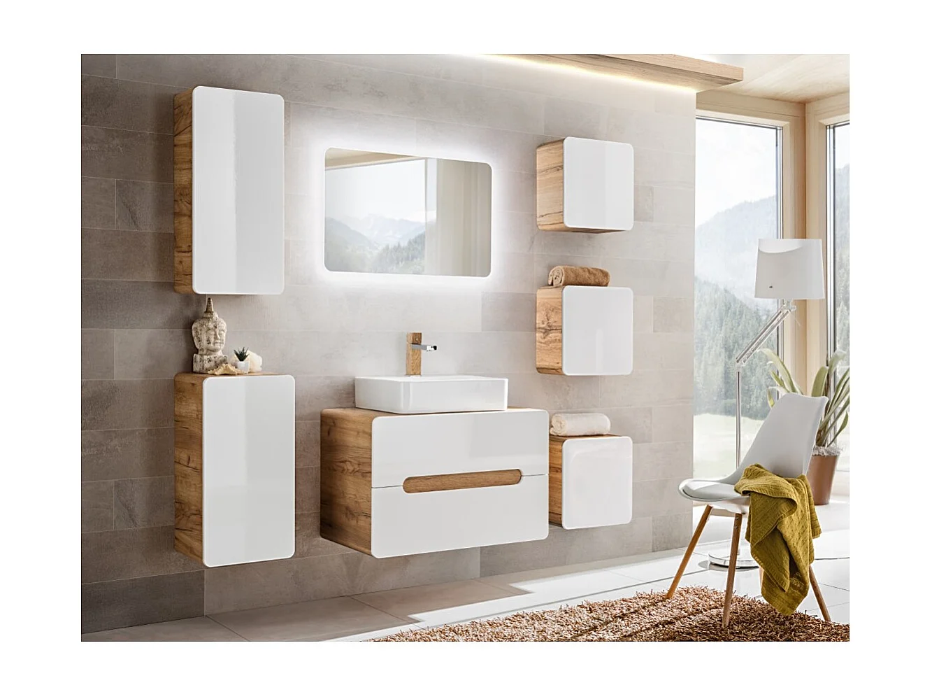 Móvel para Banheiro ERBANO – Carvalho Claro e Branco Brilhante – 35x75 cm – 1 porta – Para Pendurar