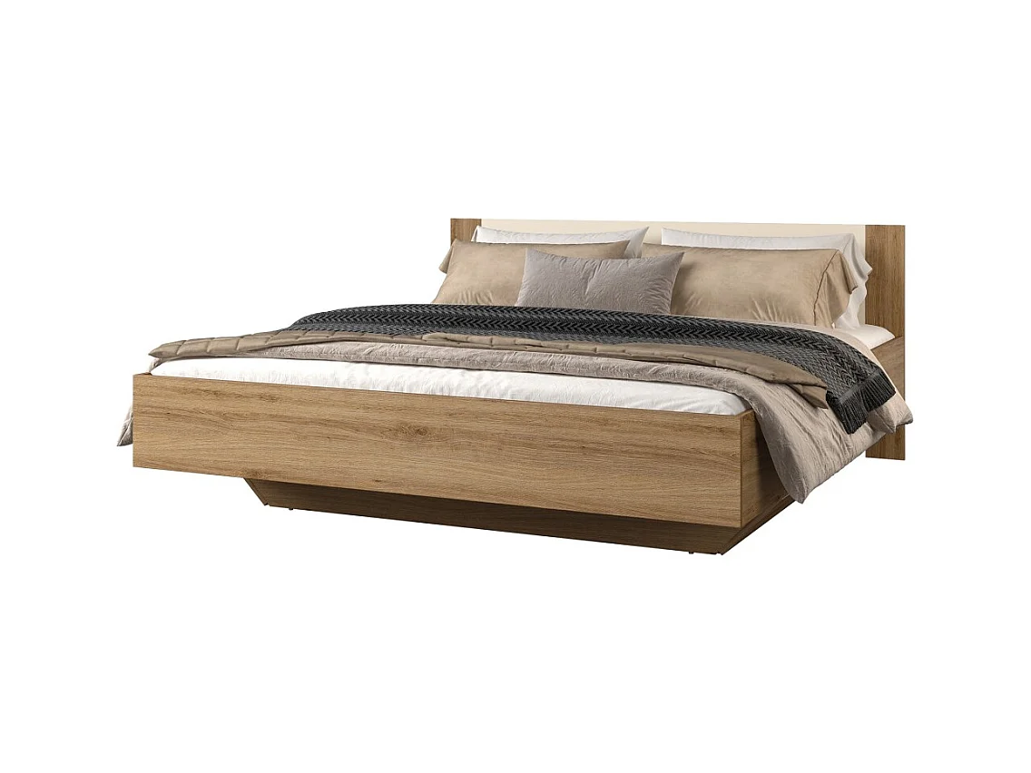 Cama baú VERTIGO – 180x200 cm – Carvalho selvagem e bege areia – Com pé design e estrado incluso