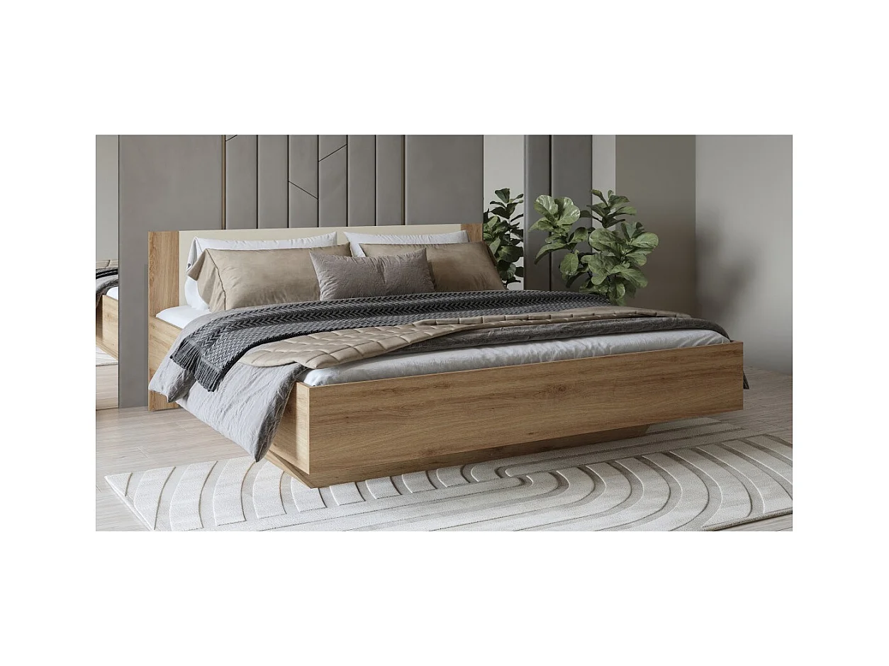 Cama baú VERTIGO – 180x200 cm – Carvalho selvagem e bege areia – Com pé design e estrado incluso