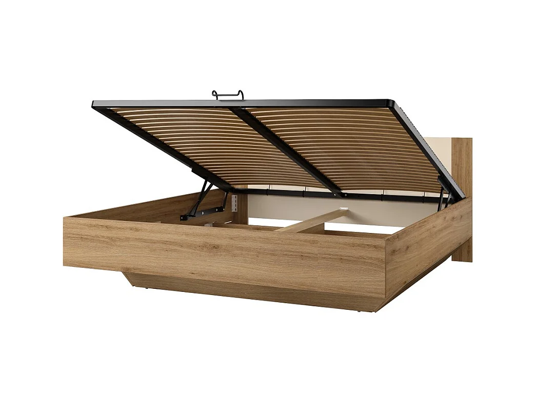 Cama baú VERTIGO – 180x200 cm – Carvalho selvagem e bege areia – Com pé design e estrado incluso