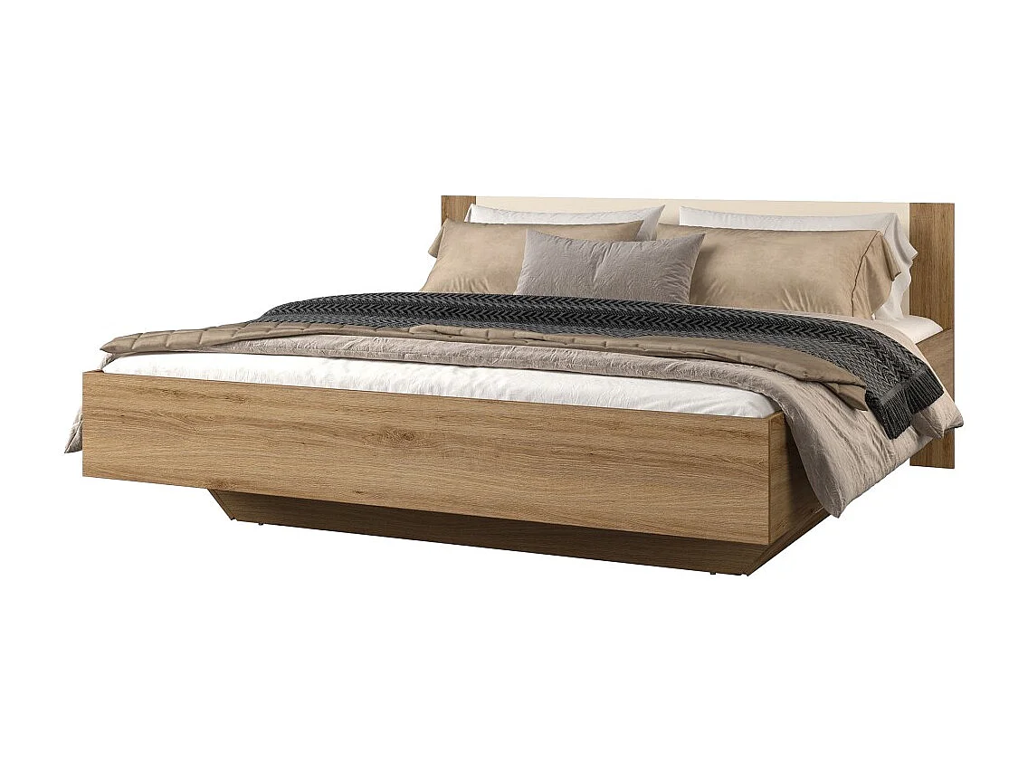 Cama con espacio de almacenamiento VERTIGO – 180x200 cm – Roble salvaje y beige arena – Con pie de diseño y somier incluido