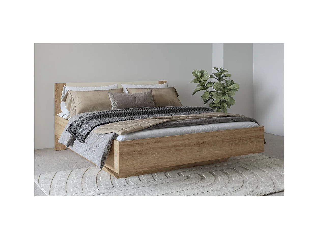 Cama baú VERTIGO – 160x200 cm – Carvalho selvagem e bege areia – Com pé design e estrado incluído