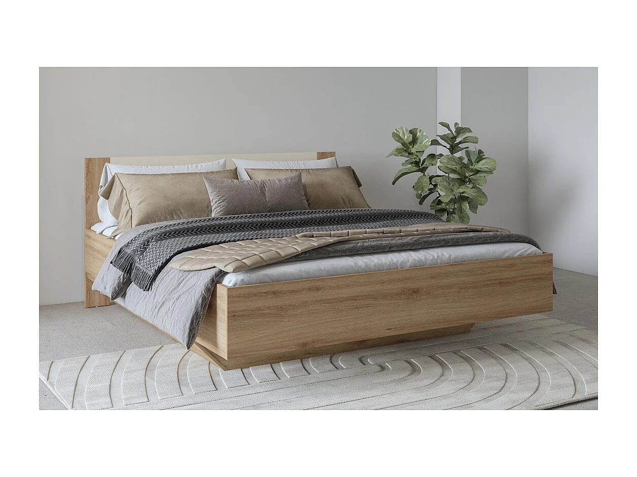 Cama baú VERTIGO – 160x200 cm – Carvalho selvagem e bege areia – Com pé design e estrado incluído