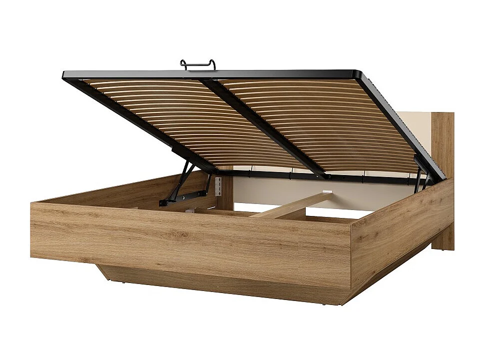 Cama baú VERTIGO – 160x200 cm – Carvalho selvagem e bege areia – Com pé design e estrado incluído
