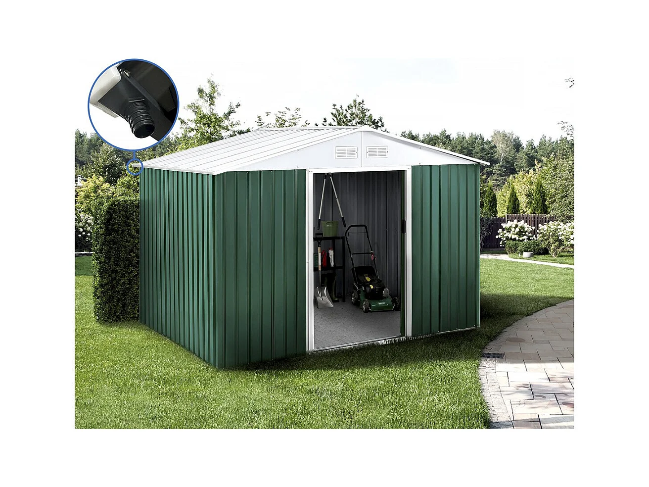 Abri de jardin métal - "Rosas " - 7,06 m² avec gouttière - Vert