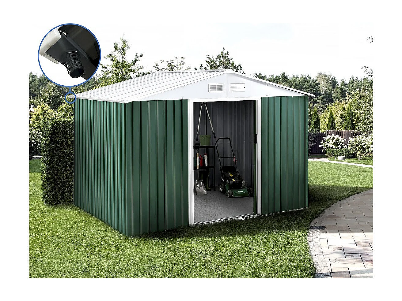 Abri de jardin métal - "Rosas " - 7,06 m² avec gouttière - Vert