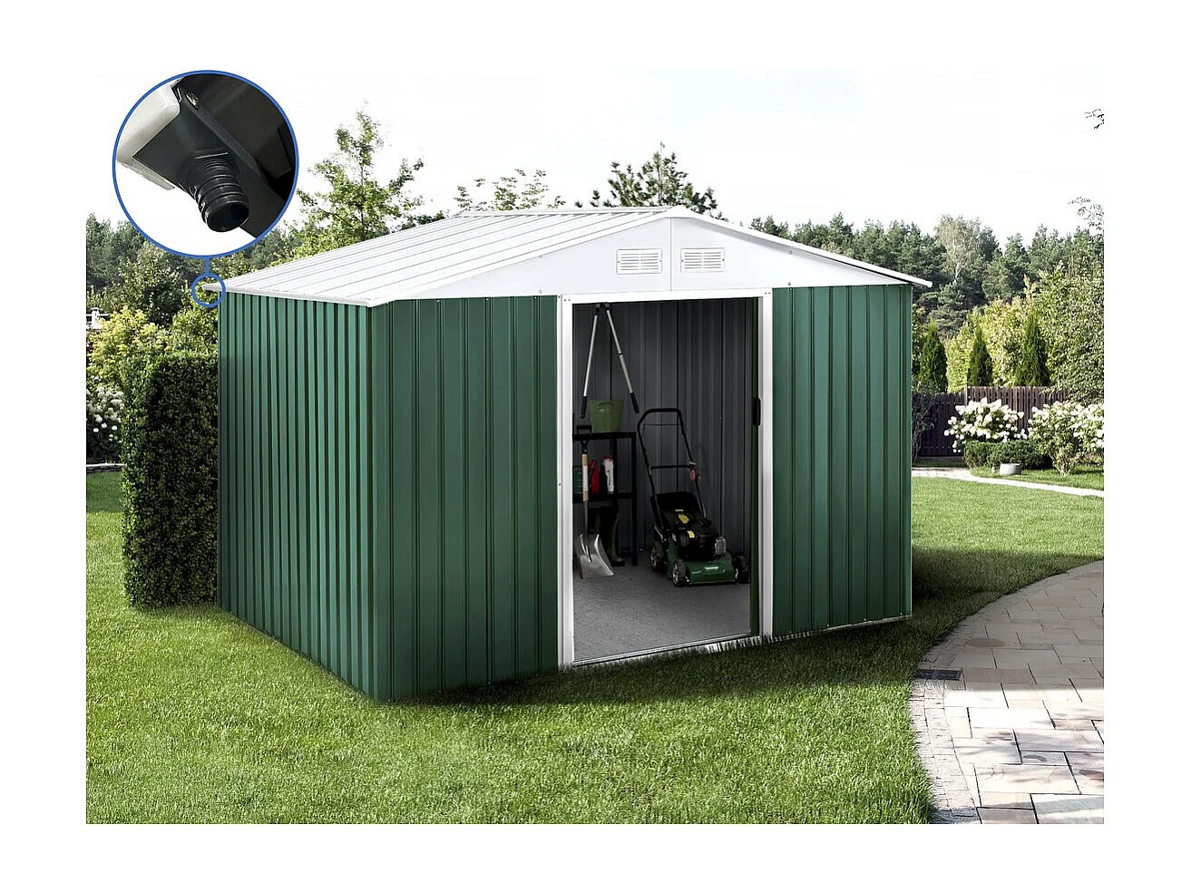 Abri de jardin métal - "Rosas " - 7,06 m² avec gouttière - Vert