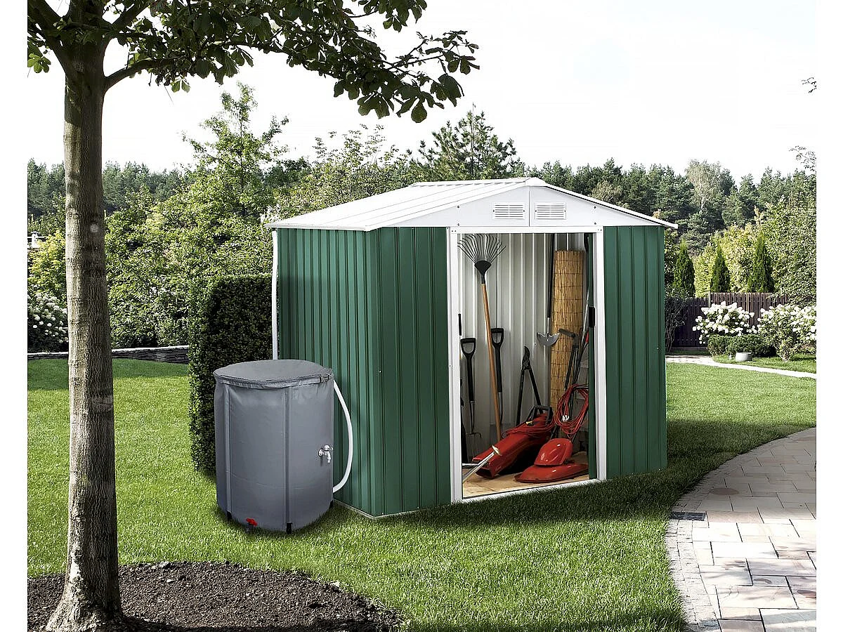 Tuinhuisje metaal - "Rosas " - 2,71 m² met goot en regenton waterreservoir - Groen