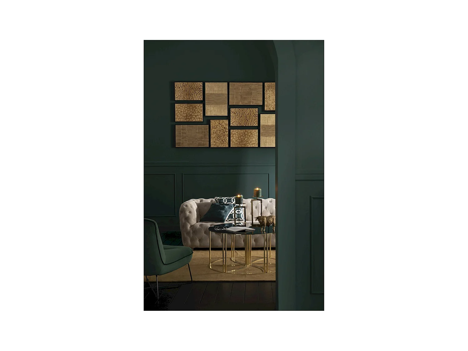 Table basse design métal doré et verre noir style contemporain