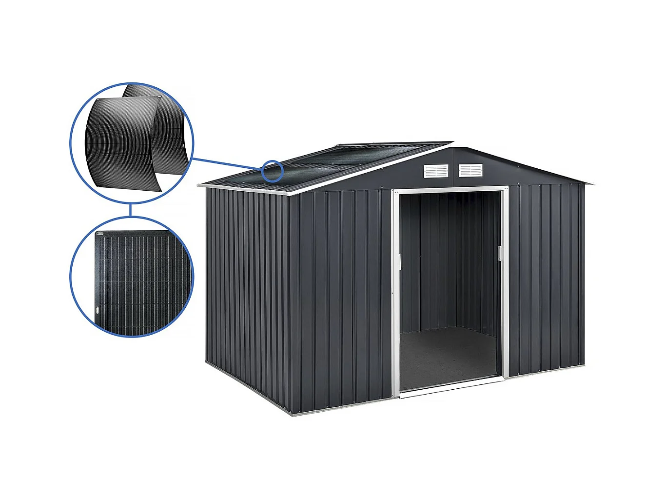 Abri de jardin métal - "Vegas" - 7.06 m² avec panneaux solaires - Gris