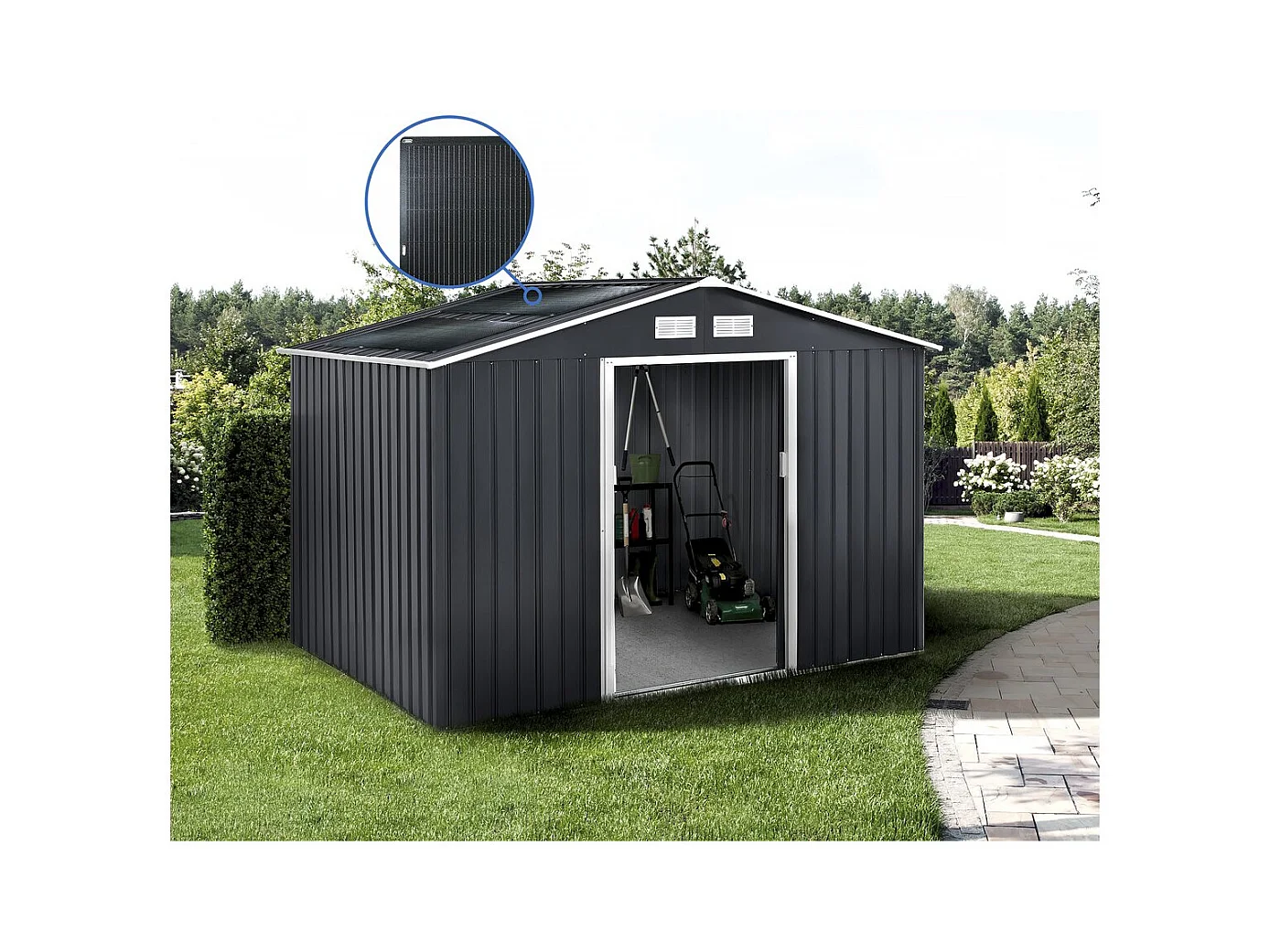 Abri de jardin métal - "Vegas" - 7.06 m² avec panneaux solaires - Gris