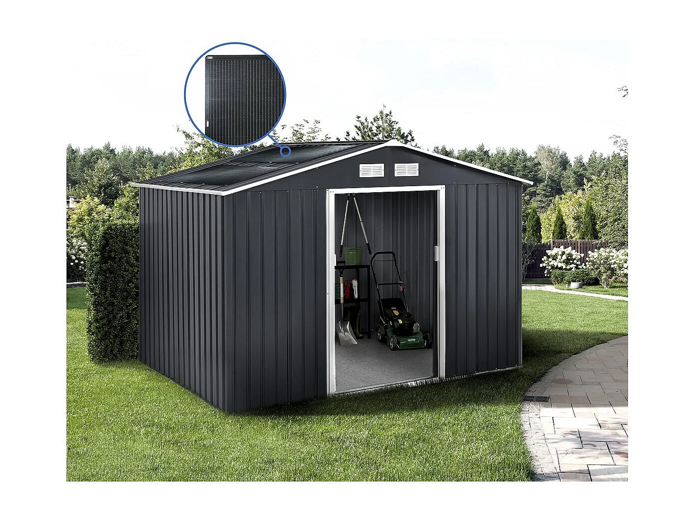 Abri de jardin métal - "Vegas" - 7.06 m² avec panneaux solaires - Gris