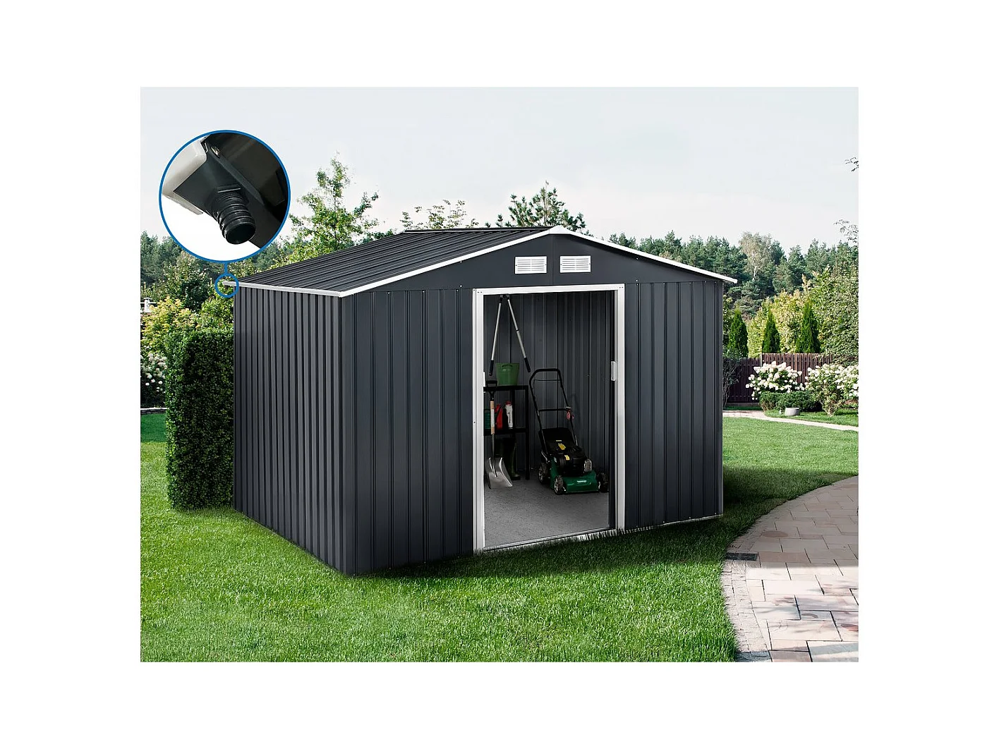 Abri de jardin métal - "Vegas" - 8,83 m² avec gouttière - Gris