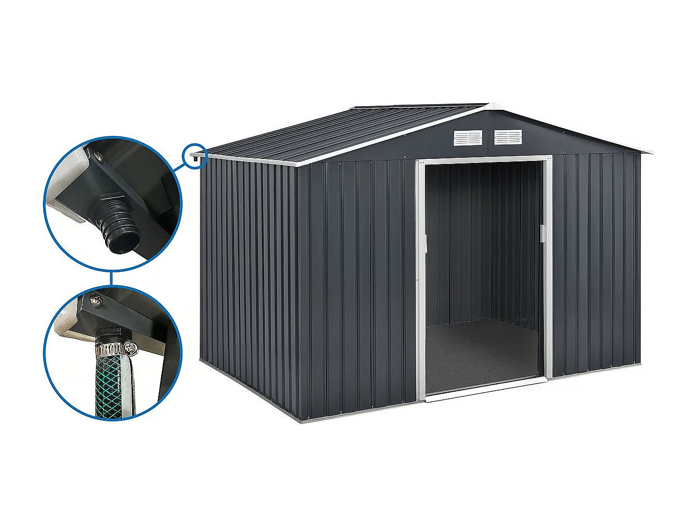 Abri de jardin métal - "Vegas" - 8,83 m² avec gouttière - Gris