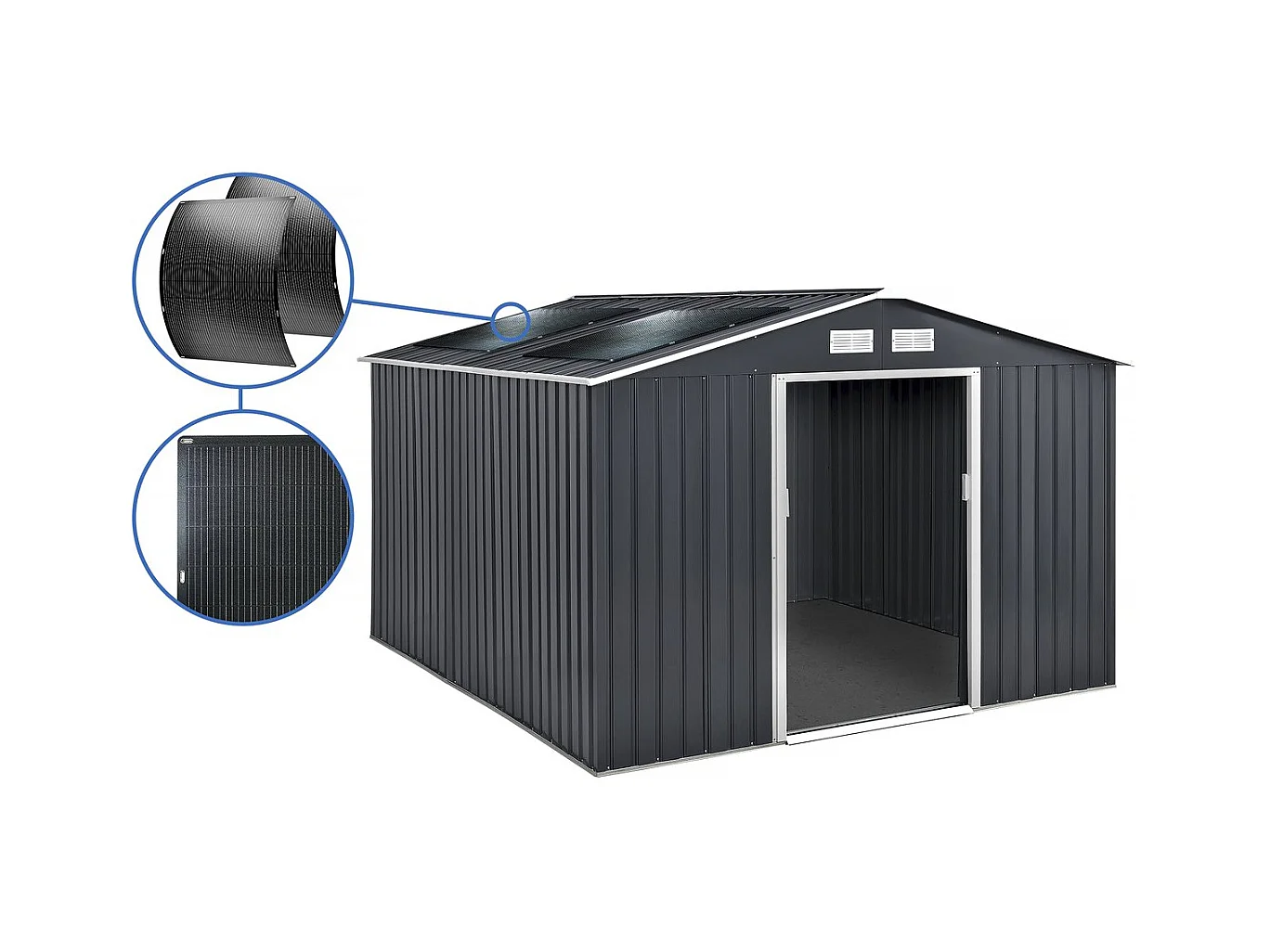 Abri de jardin métal - "Vegas" - 12.98 m² avec panneaux solaires - Gris