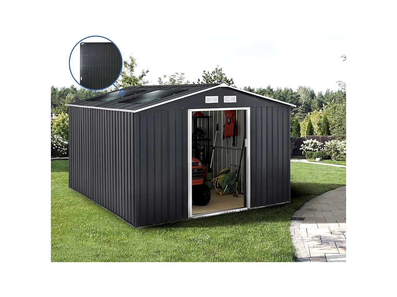 Abri de jardin métal - "Vegas" - 12.98 m² avec panneaux solaires - Gris