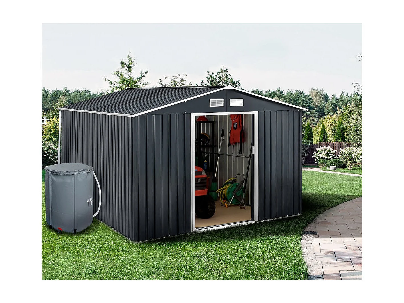 Tuinhuisje metaal - "Vegas"- 12,98 m² met goot en regenton waterreservoir - "Vegas" - Grijs