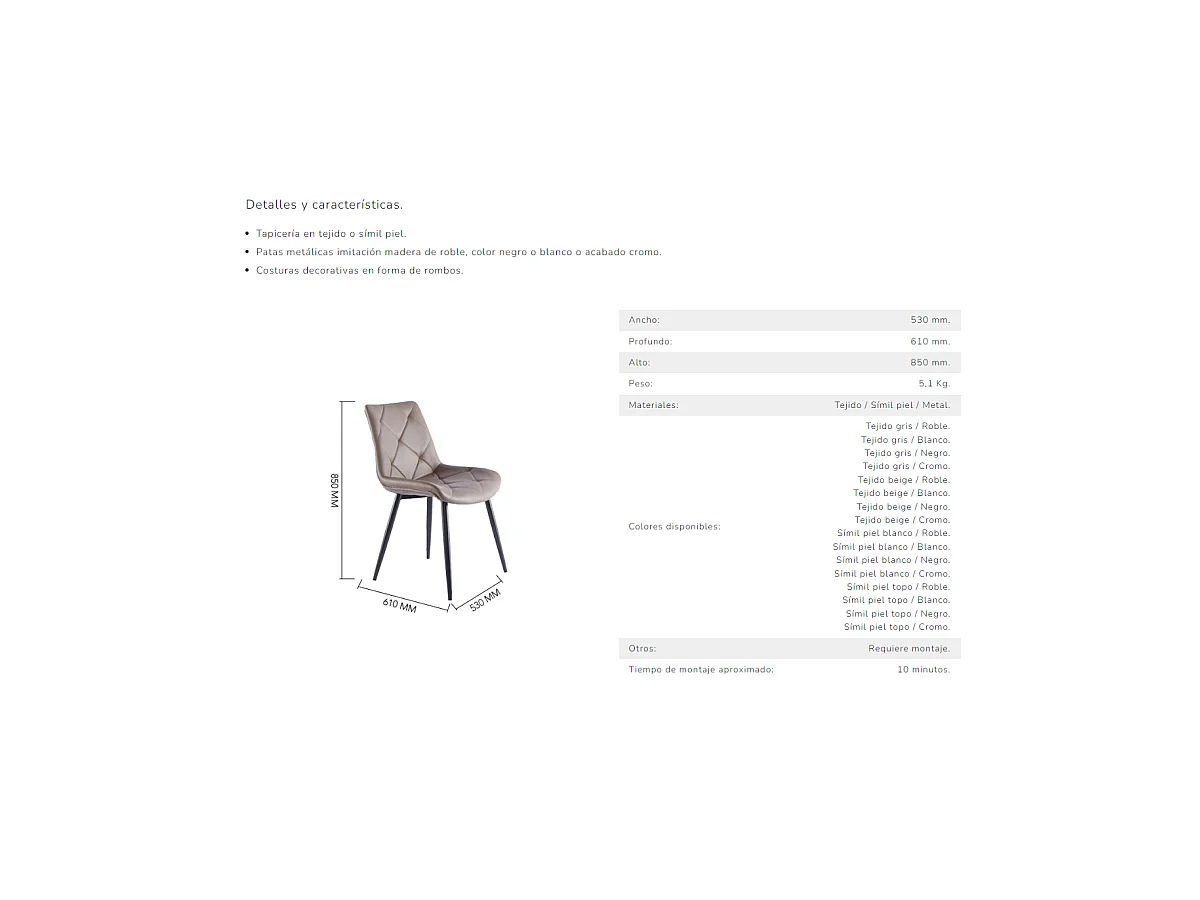 Pack de 4 sillas para cocina o comedor Marlene tapizado textil beige/roble, 85 cm(alto)53