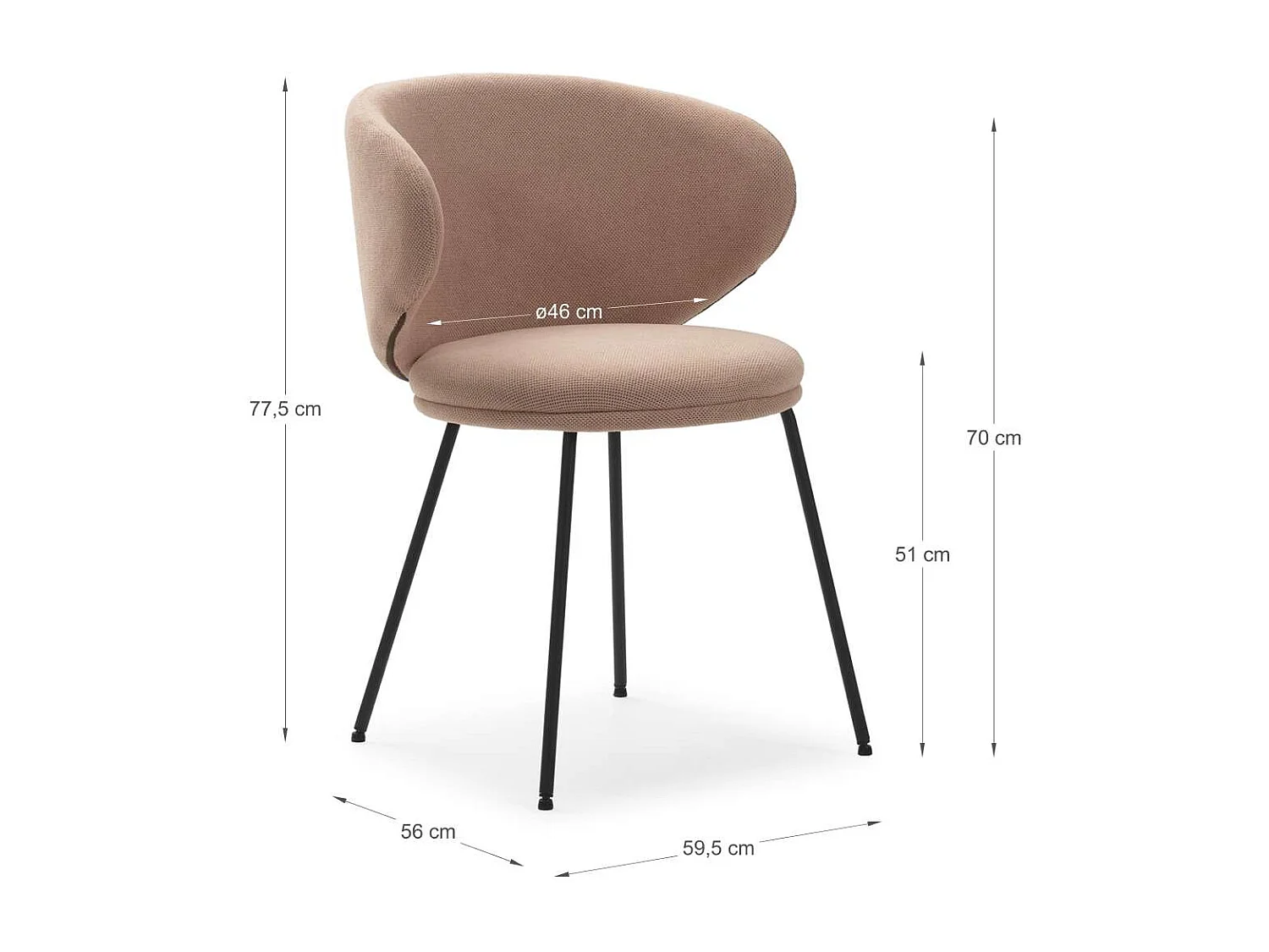 Pack de 2 sillas modelo Rebeca tapizado textil rosa claro, 77.5cm(alto) 58cm(ancho) 59.5cm