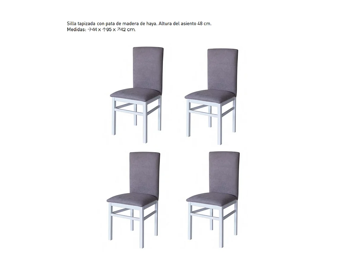 Pack 4 sillas Nivar tapizadas en tela gris. 95cm (alto), 44cm(ancho), 42cm(fondo)