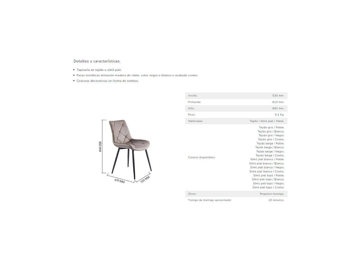 Pack de 4 sillas para cocina o comedor Marlene tapizado textil beige/negro, 85 cm(alto)53