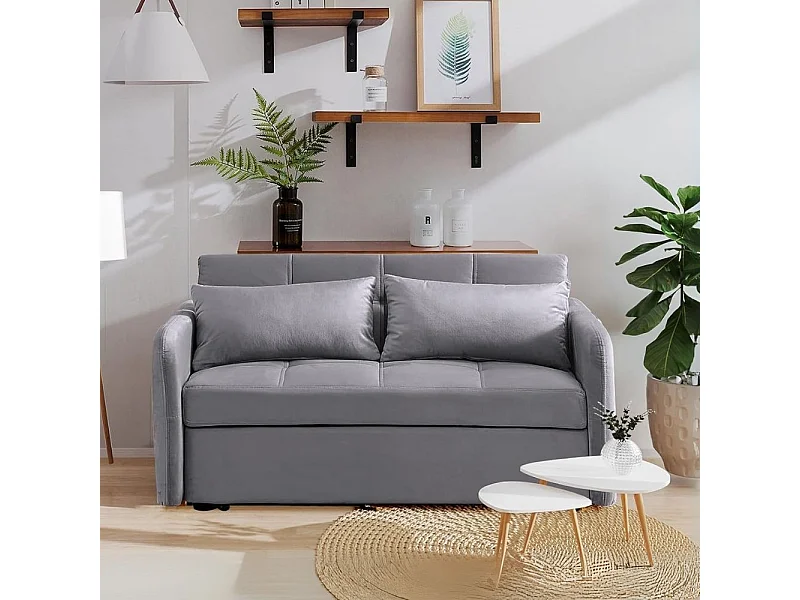 Divano letto Clorene in velluto grigio con porta USB e tasca laterale 140,5x94,5x82H