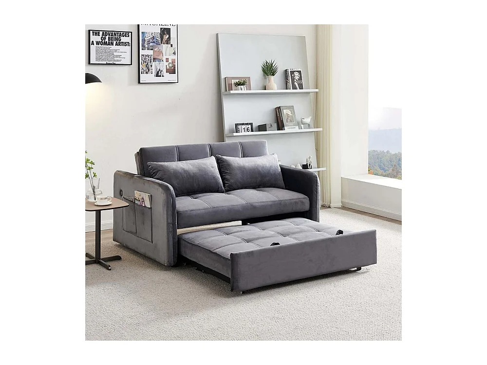 Divano letto Clorene in velluto grigio con porta USB e tasca laterale 140,5x94,5x82H