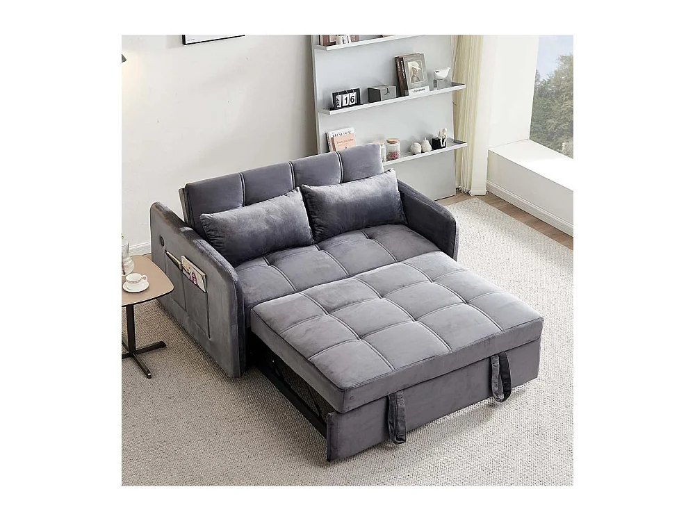 Divano letto Clorene in velluto grigio con porta USB e tasca laterale 140,5x94,5x82H