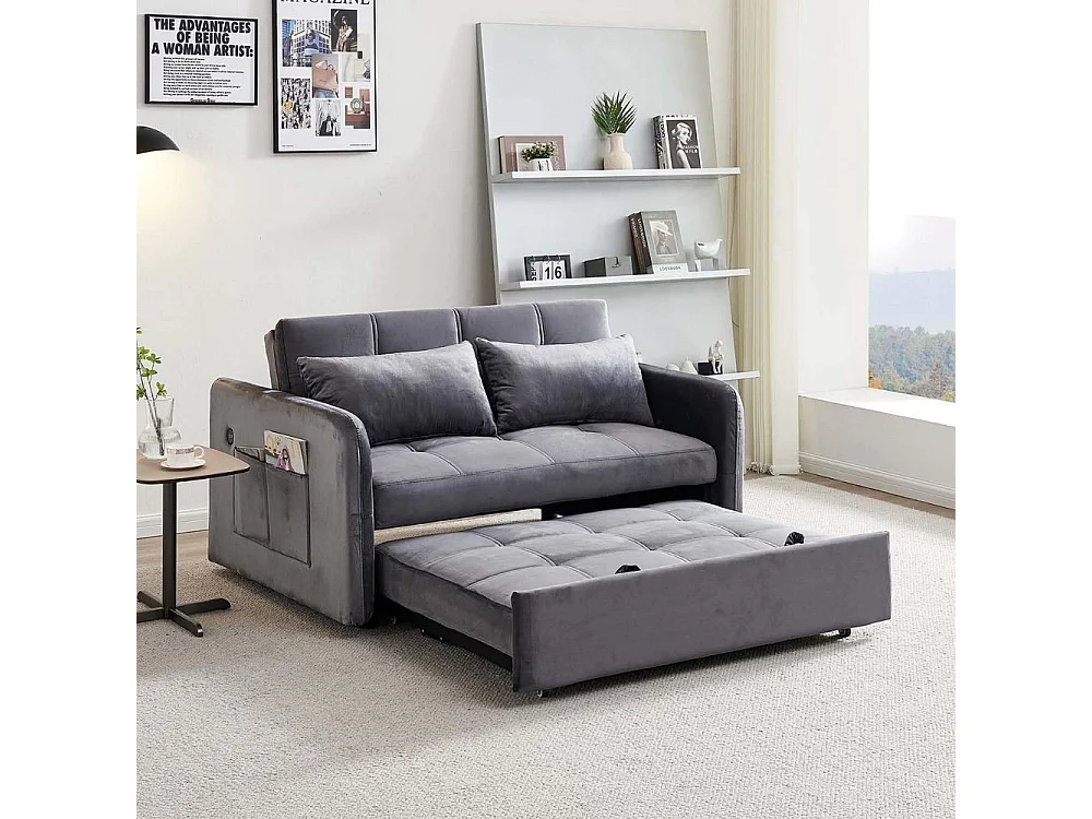 Divano letto Clorene in velluto grigio con porta USB e tasca laterale 140,5x94,5x82H