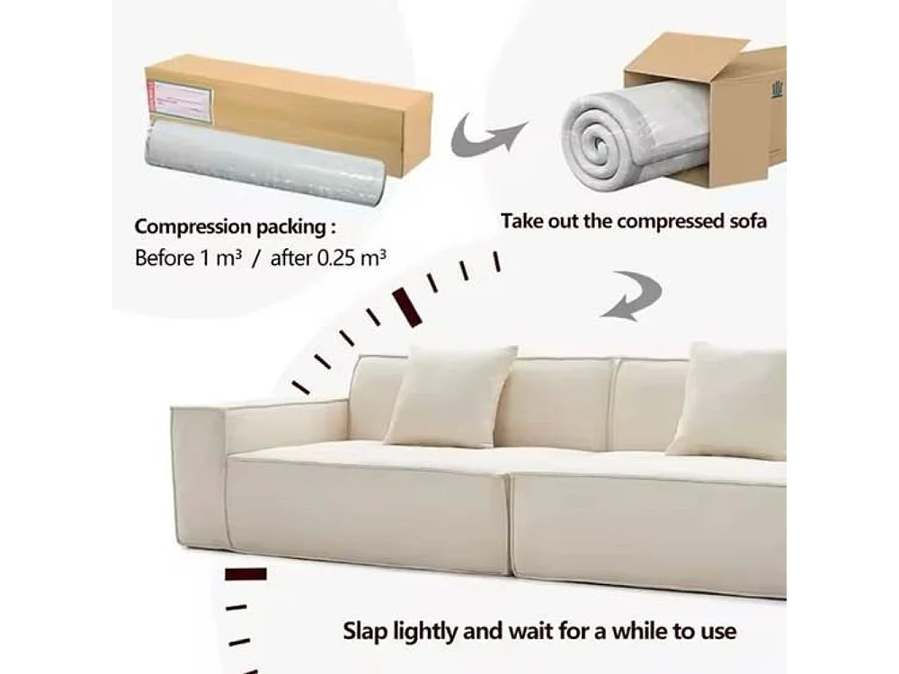 Divano sottovuoto 3 posti Kelly in tessuto grigio chiaro con imbottitura in schiuma 200x100x76H