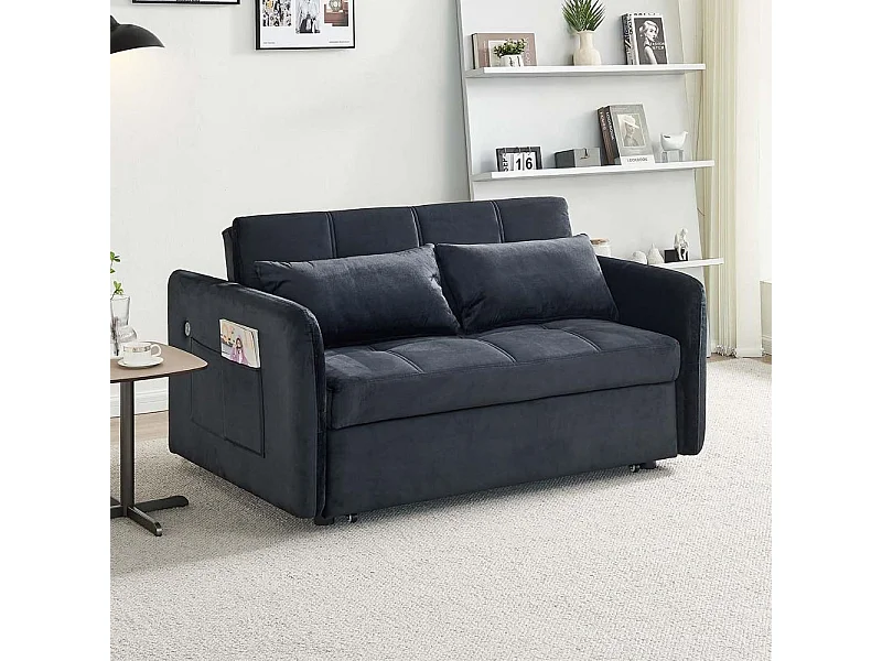 Divano letto Clorene in velluto nero con porta USB e tasca laterale 140,5x94,5x82H