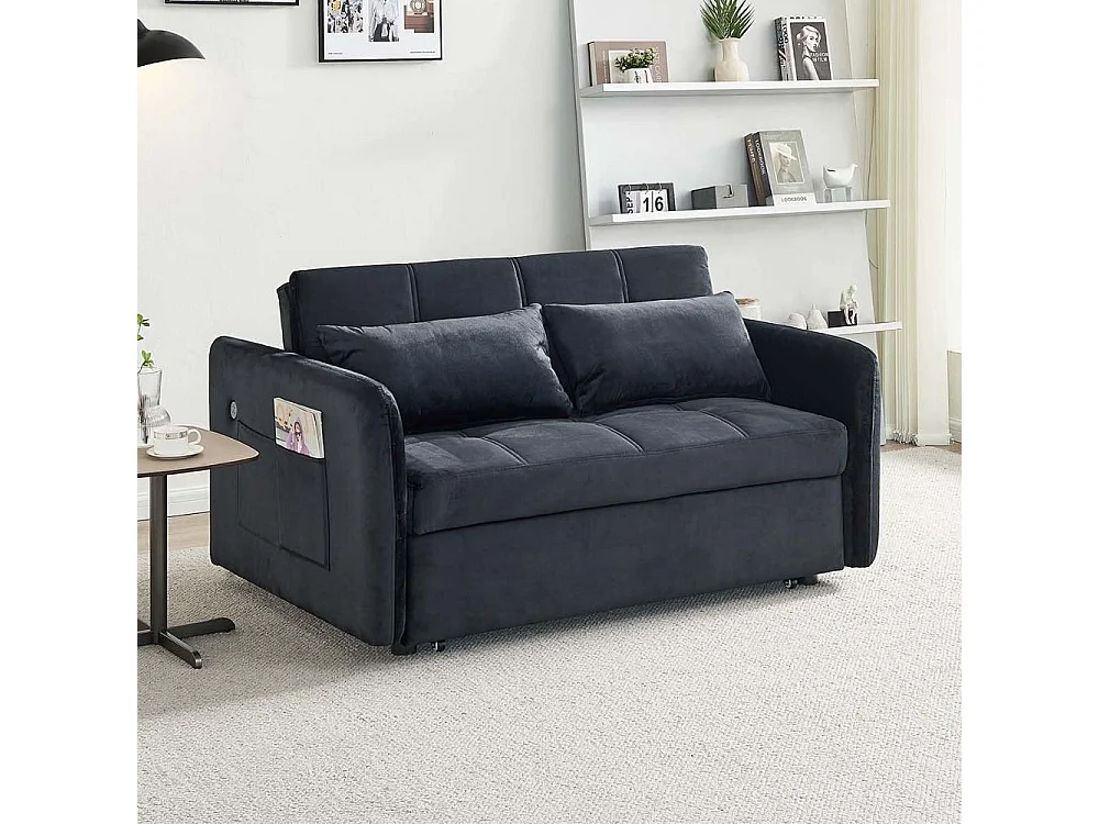 Divano letto Clorene in velluto nero con porta USB e tasca laterale 140,5x94,5x82H