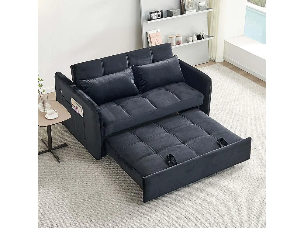 Divano letto Clorene in velluto nero con porta USB e tasca laterale 140,5x94,5x82H
