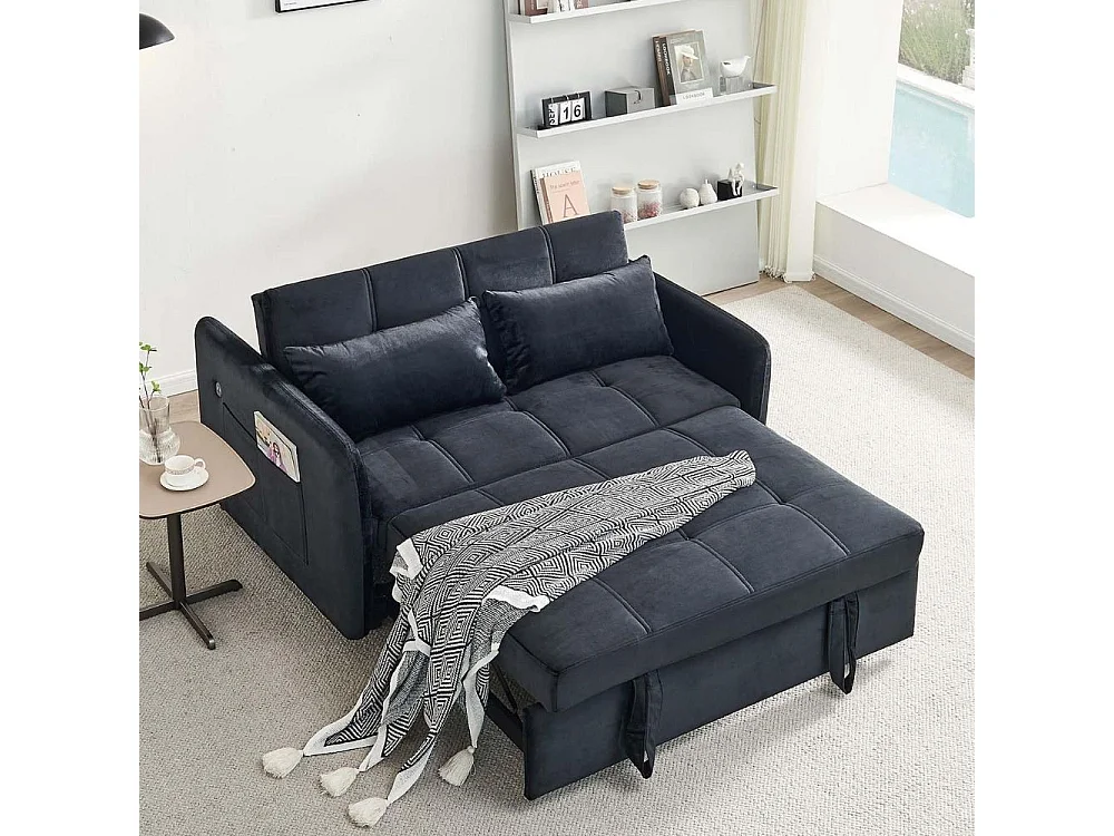 Divano letto Clorene in velluto nero con porta USB e tasca laterale 140,5x94,5x82H