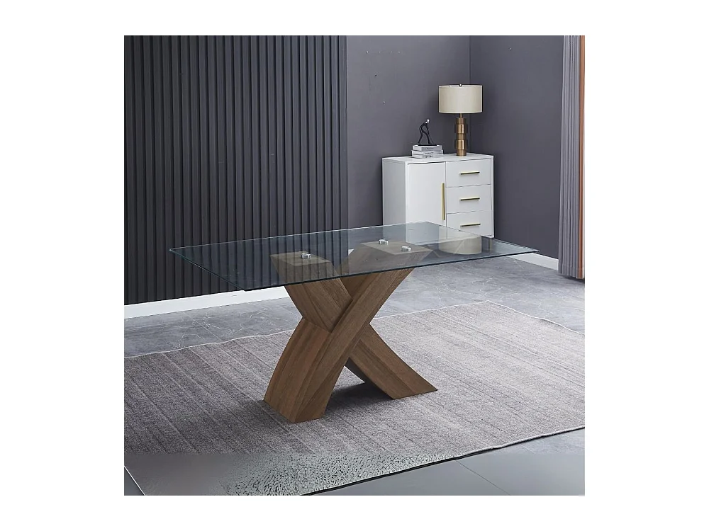 Tavolo fisso Duncan con piano in vetro e gambe incrociate effetto legno 150x90x76H