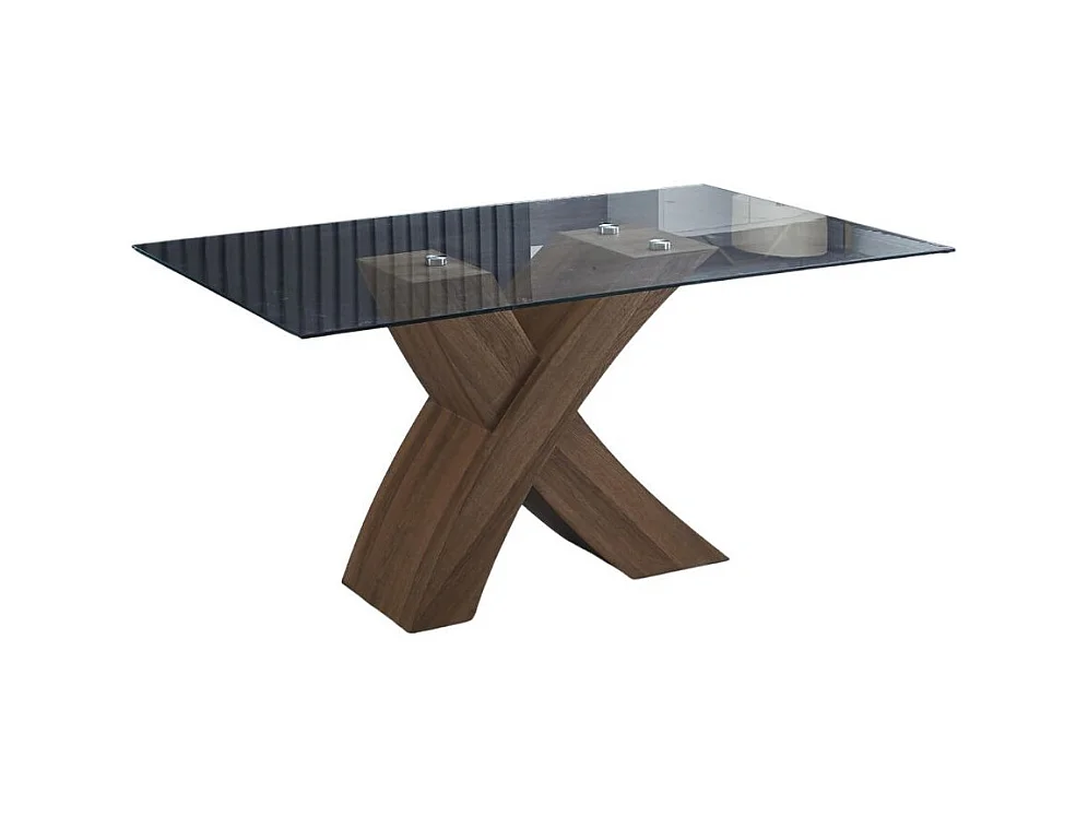 Tavolo fisso Duncan con piano in vetro e gambe incrociate effetto legno 150x90x76H