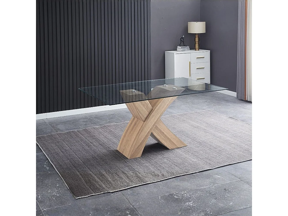 Tavolo fisso Duncan con piano in vetro e gambe incrociate effetto legno 150x90x76H