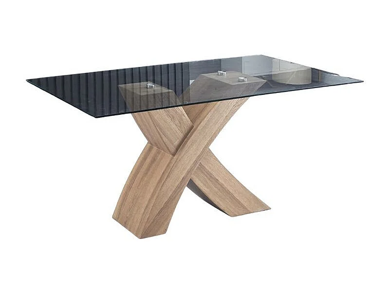 Tavolo fisso Duncan con piano in vetro e gambe incrociate effetto legno 150x90x76H