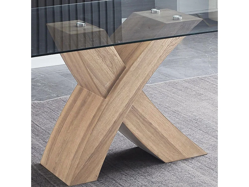 Tavolo fisso Duncan con piano in vetro e gambe incrociate effetto legno 150x90x76H